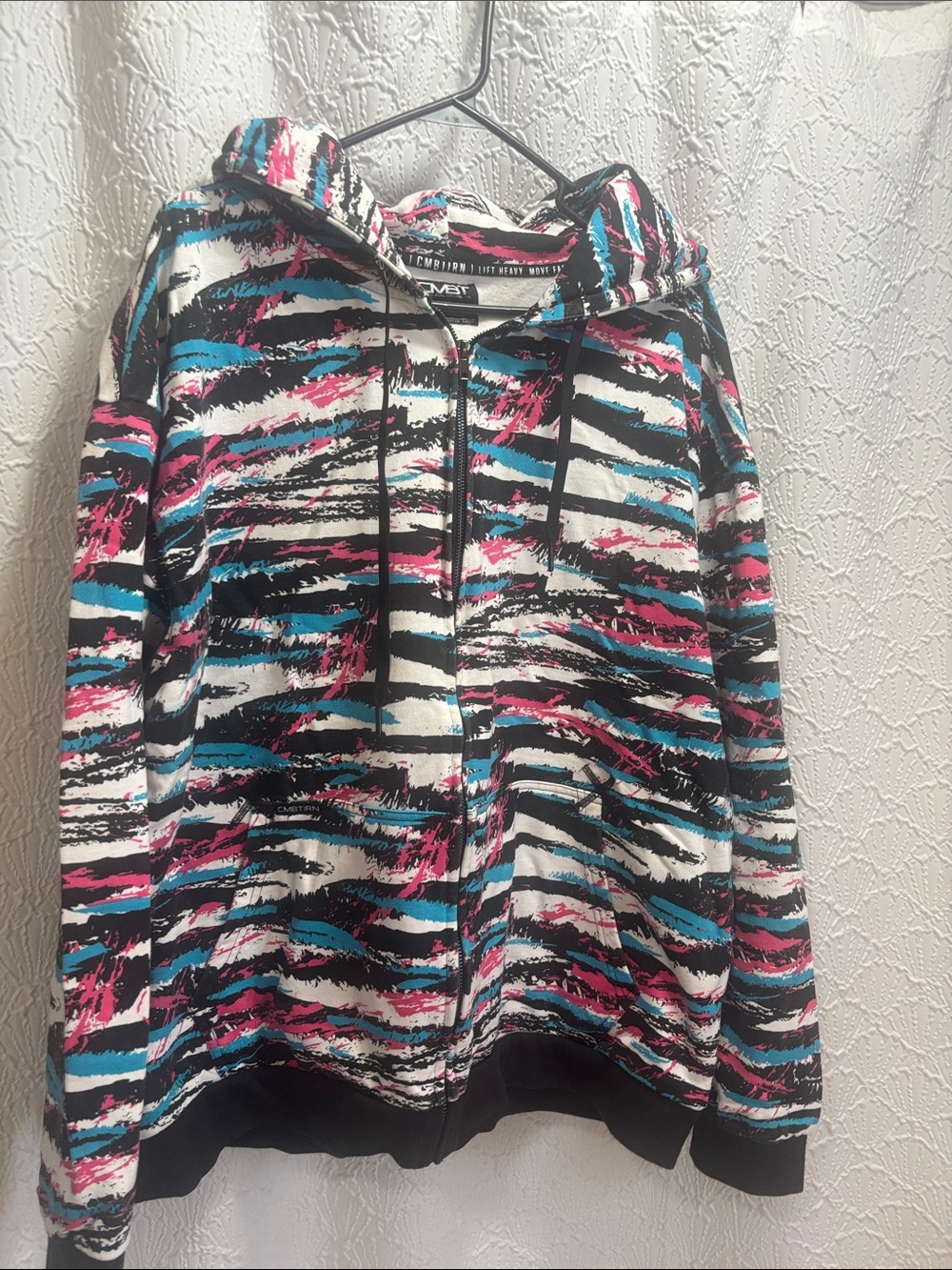 Multicolor Brushstroke Zip Hoodie - Teal, Pink, Black, White